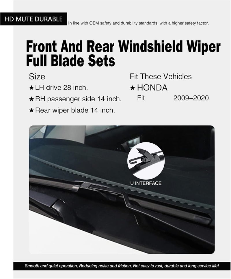 FAPIUO Replacement for Honda Fit 2009-2020 Silent Wipers - Front and Rear Windshield Wipers 28"/14"+14" Full Blade Set (3 Pack) - Image 2